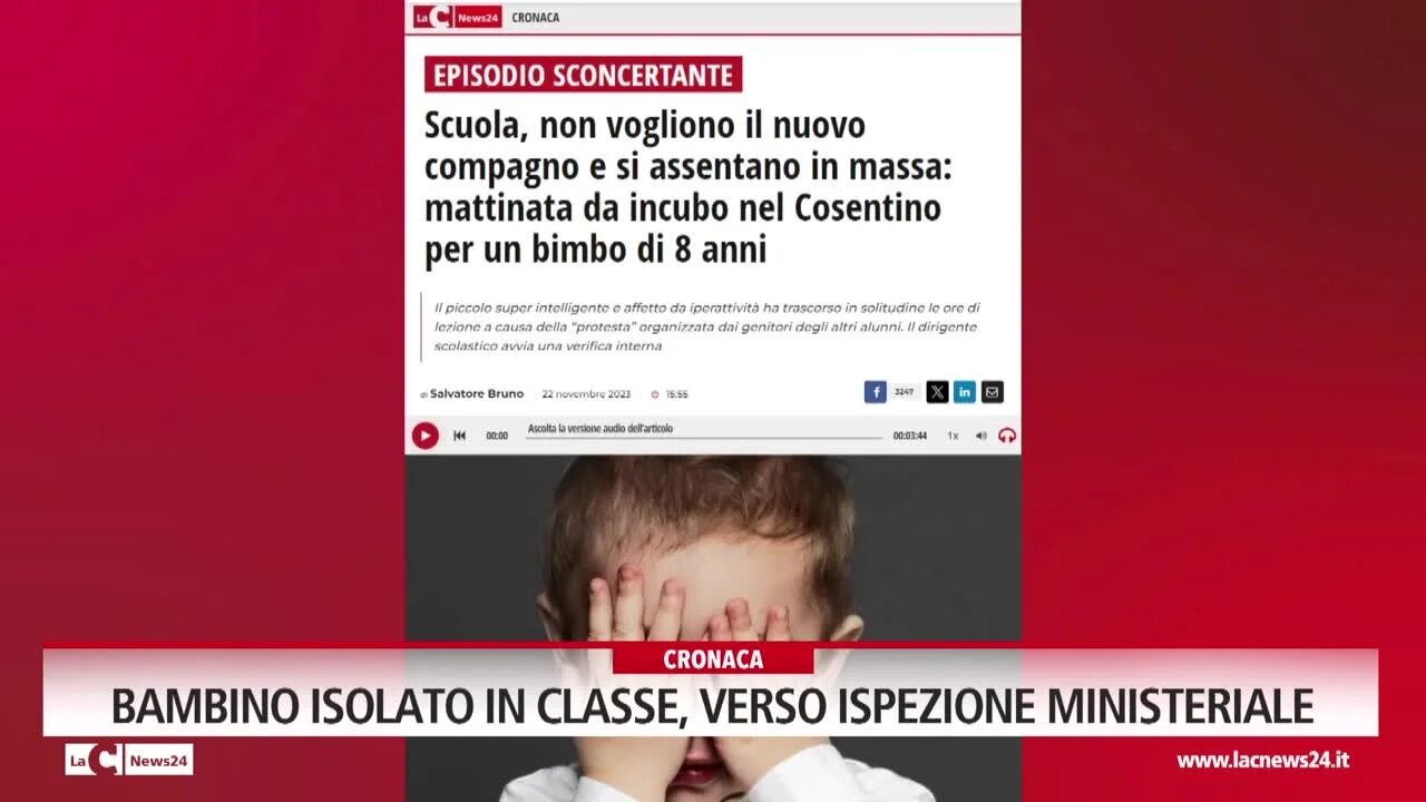 Bambino isolato in classe, verso ispezione ministeriale